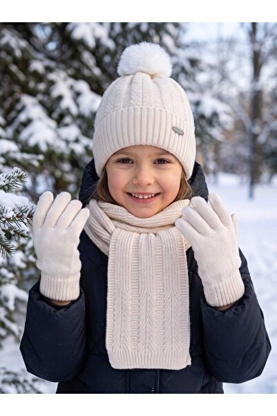 Aware Time Kitti 4-8 Years Old Girl's Fleece Scarf Beanie Gloves 3-Piece Set