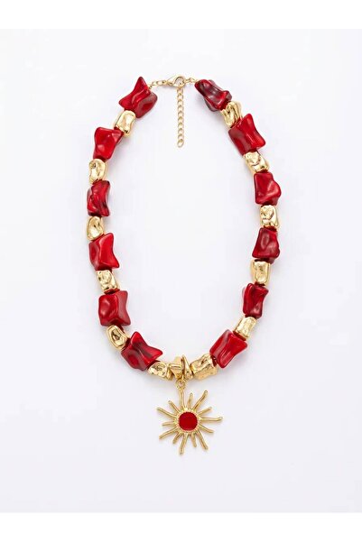 Beatis Women's Red Stone Necklace Gold Color Sun Figured Organic Piece Stringed Design Necklace