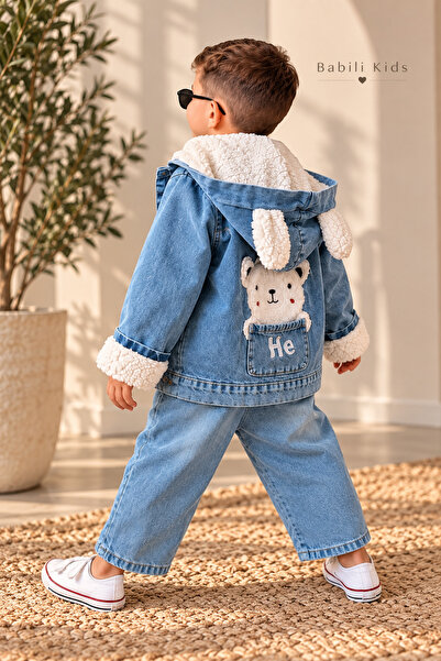 Babili Children's Teddy Bear Detailed Plush Hooded Denim Jeans Coat Set |   N...
