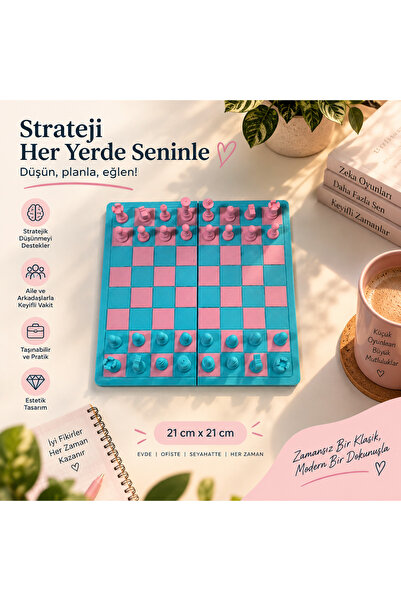DoBi3D Katlanabilir Satranç Takımı 21x21 cm – Pembe Mavi Çocuk ve Yetişkin Sa...