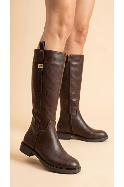 Moda Lime Women's Leather Look Zippered Short Heeled Below the Knee Winter Boots