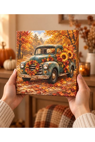 AlohamoraShop Ayçiçekli Nostaljik Kamyonet Sonbahar Temalı Dekoratif Canvas T...
