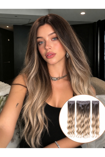 Lulu Bella Kadın Altın Ombre 3 lü Set - Yarımay + 2 Yan Dalgalı Çıtçıtlı Post...