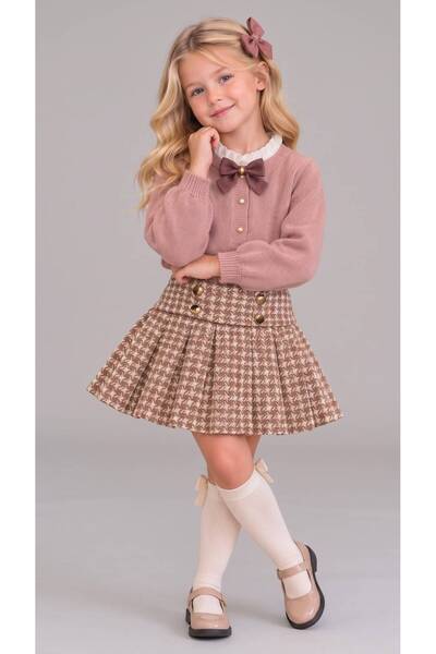 GREYFURTKİDS Girl's Bow Detailed Knitwear Cardigan Geometric Patterned Pleate...