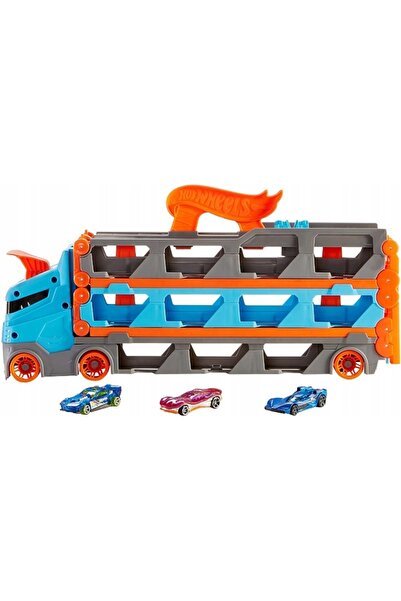 HOT WHEELS CAMION DE TRANSPORT SPEEDWAY 3 ÎN 1 CU LANSATOR, 3 MAȘINI ÎN PACHE...