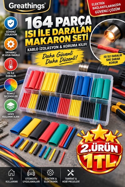 Greathings 164 Parça Isı ile Daralan Makaron Seti Kablo İzolasyon Kılıfı Renk...