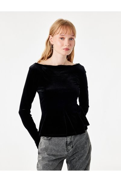 Koton Velvet Slim Fit Boat Neck Long-Sleeve T-Shirt
