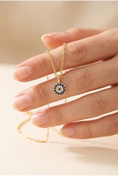 Nazar Boncuklu Zirkon Taşlı Minimal Gold Rengi Pirinç Kolye, Kadın Hediye Takı