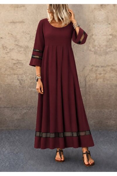 Modayakamoz Modern Interpretation of Elegant Flow - Women's Three-Quarter Sleeve U-Neck Tulle Stripe Detailed Long Janjan Crepe Dress