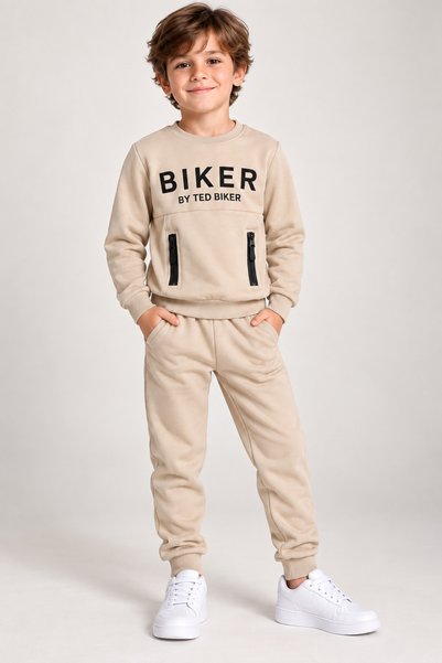 HELMİRA Men's Beige Two-Thread Fabric Children's Printed 2-Piece Tracksuit Se...