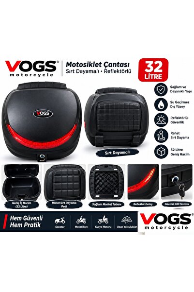 VOGS MOTOSİKLET ARKA ÇANTA 32LT SİYAH TOPCASE REFLEKTÖRLÜ SIRT DAYAMALI ÇANTA