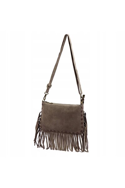 NO BRAND Geantă din piele întoarsă cu ciucure BOHO LUKA mocha