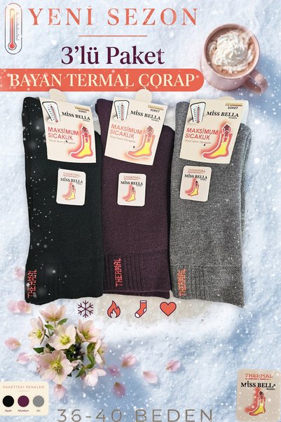 Miss Bella Kadın Kışlık Termal Soket Çorap 3'lü Paket Yünlü Sıkmayan Lastik S...