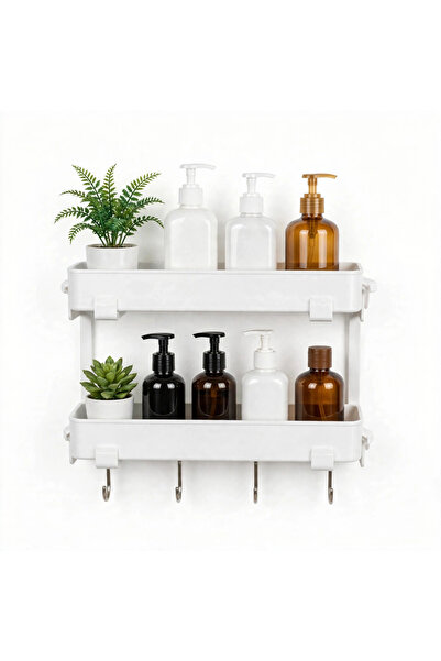 Generic 2-Tier Bathroom Wall Shelf Organizer with Hooks - No Drill Adhesive B...