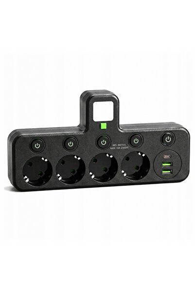 Gotel Prelungitor cu 4 prize, 3x USB A+C, lumină LED și întrerupătoare
