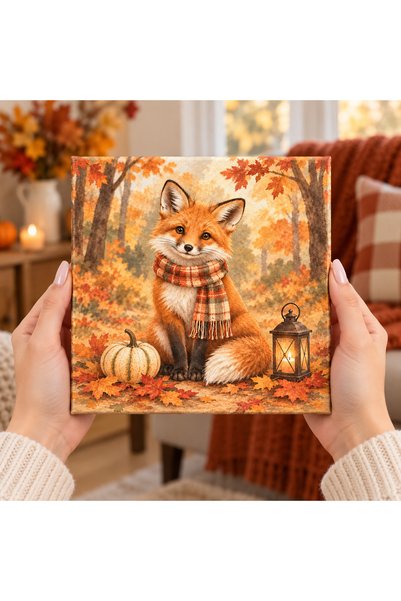 AlohamoraShop Sevimli Tilki Sonbahar Temalı Dekoratif Canvas Tablo 20x20 cm –...