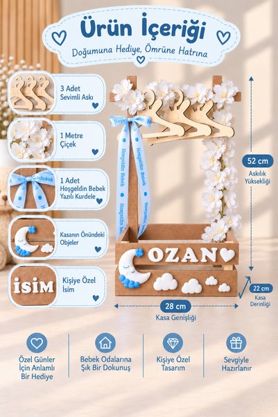 Nilsa Kişiye Özel İsimli Erkek Bebek Hediye Sepeti Mavi Boyalı Kasa Çiçekli Kalp Bulut | Teyze Sepeti | Hala Sepeti | Babyshower Hediyesi | Kırk Uçurma Sepeti