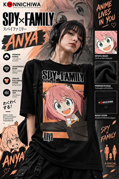 FG KONNİCHİWA Spy X Family Anya Forger Printed Black Anime T-Shirt – Crew Nec...