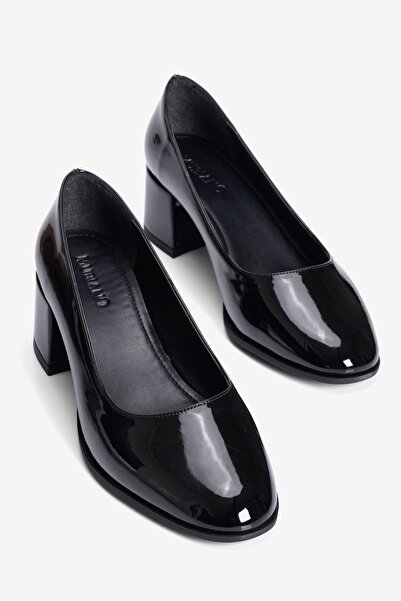 Mubiano Women's Patent Leather Heeled Shoes Oval Toe Thick Heeled Lotte Black