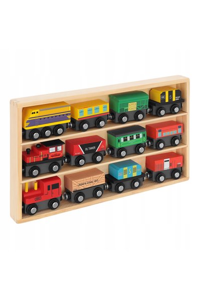 KRUZZEL Set de cale ferată din lemn cu tren magnetic, vagoane și locomotivă p...