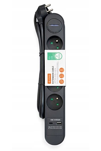Hykker Prelungitor cu 5 prize + USB + USB C, Gri grafit