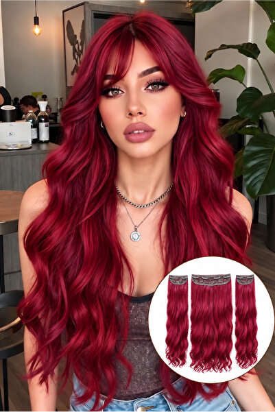Lulu Bella Kadın Kızıl 3 lü Set - Yarımay + 2 Yan Dalgalı Çıtçıtlı Postiş 60 ...