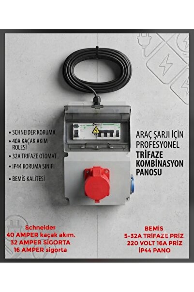 Hes Kablolu 5x4 Ttr Bakır (25 METRE) Araç Şarjı Uyumlu 5-32A Trifaze Kombinasyon Panosu KAÇAK AKIMLI (Kablolu-Sigortalı- Prizli ve Montajlı)
