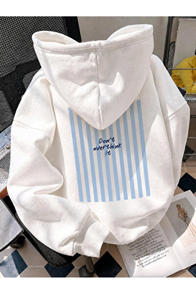 PALPİTO Women's Oversized White Overthink Printed Hooded Sweatshirt
