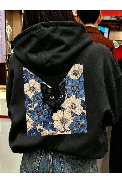 PALPİTO Women's Oversized Black Cat Printed Hooded Sweatshirt