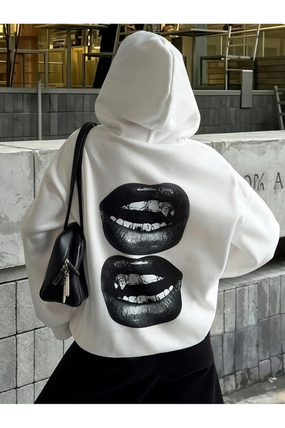 PALPİTO Kadın oversize beyaz dudak baskılı Kapşonlu sweatshirt