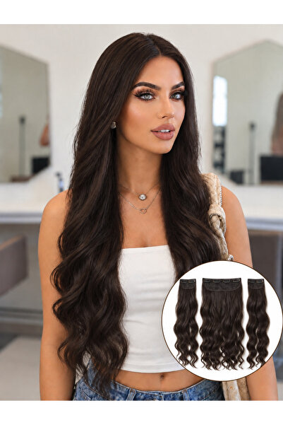 Lulu Bella Kadın Kumral 3 lü Set - Yarımay + 2 Yan Dalgalı Çıtçıtlı Postiş 60...