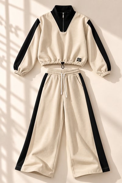 Babili Girl's Beige Black Tracksuit Set with Wide-Leg Sweatshirt Sports Set