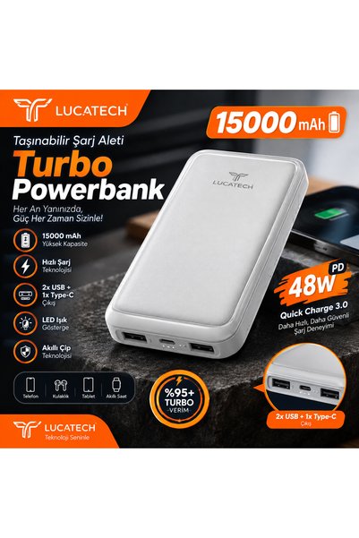 LUCATECH LP-510 15000 mAh Powerbank 48W PD Hızlı Şarj, 2x USB + Type-C,
