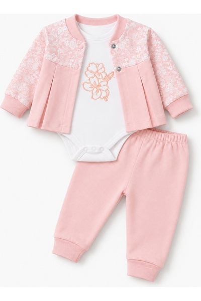Kız Bebek 3 Parça Pembe Çiçek Desenli Takım Hırka Çıtçıtlı Body Pantolon