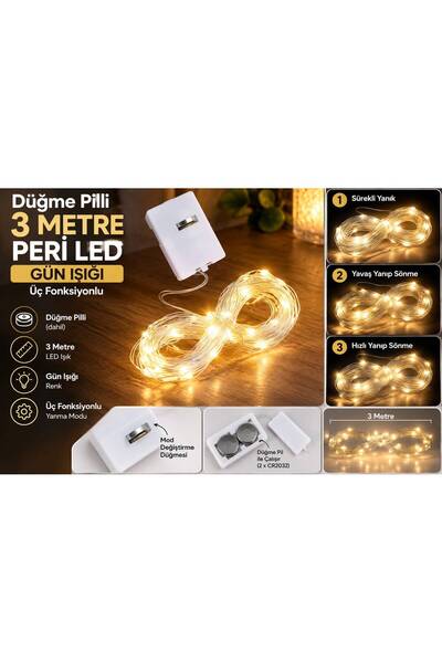 3 Metre Pilli Peri LED Sarı Işık 3 Fonksiyonlu 8 li Paket