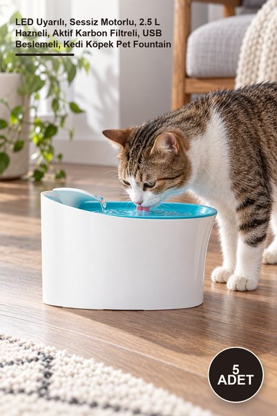 Yenilig 5 Adet Otomatik Evcil Hayvan Suluğu – LED Uyarılı, Sessiz Motorlu, 2.5 L Hazneli, Aktif Karbon Filtreli, USB Beslemeli, Kedi Köpek Pet Fountain