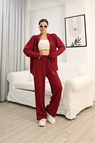 sportiness Oversize Hooded Zippered Wide-Legged Modal Fabric Sweat Suit