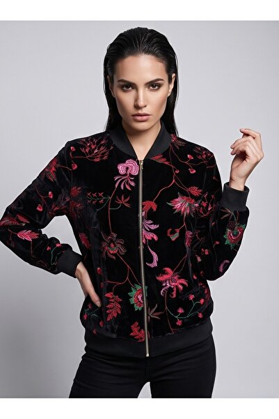 Herry Kadın Siyah Premium Kadife Üzeri Renkli Çiçek Nakış İşlemeli Şık Ceket ...