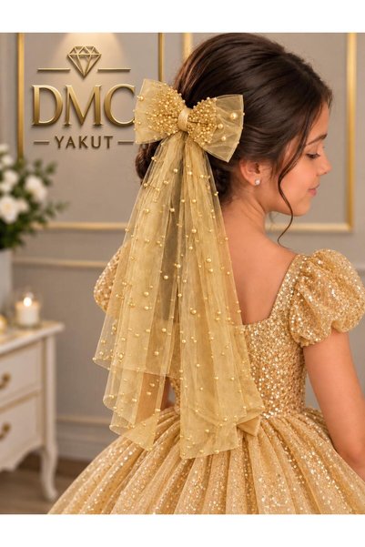 DMC YAKUT Kız Çocuk İnci Detaylı Fiyonklu Tokalı Tül Duvak 5-12 Yaş – Düğün, ...