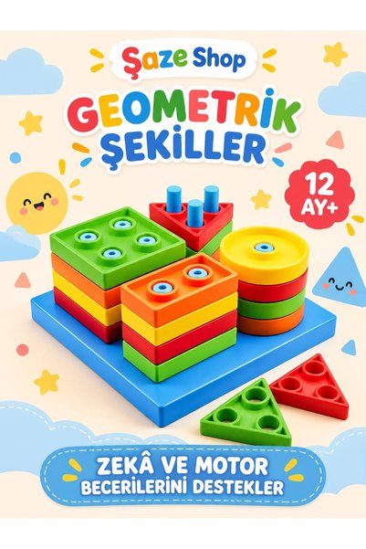 SAZE Şaze Shop 12 Ay+ Yumuşak Geometrik Şekiller Eğitici Eşleştirme ve İstifl...