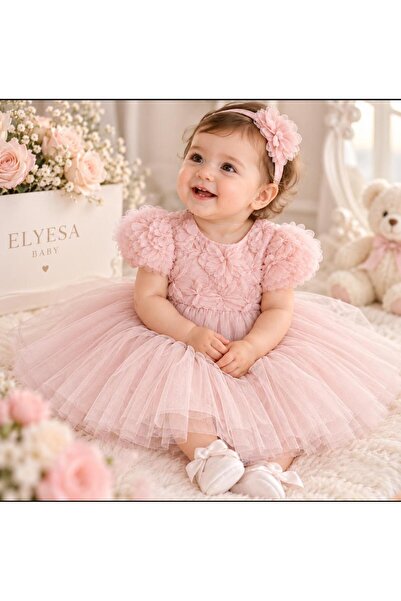 Elyesa Baby Kız Bebek Abiye kat kat tül - pamuk astar - Zarif Tasarım pudra-e...