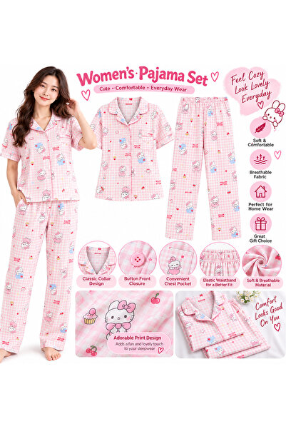 Lovisah Styles Women’s Pink Printed Pajama Set, 2-Piece Short Sleeve Button Front Sleepwear Set with Collared Top and Long Pants, Cute Home Lounge Wear