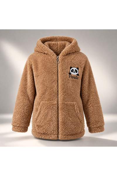 casa nexa Kız Erkek Çocuk Soft Peluş Hırka – Panda Nakışlı Kapüşonlu Fermuarl...