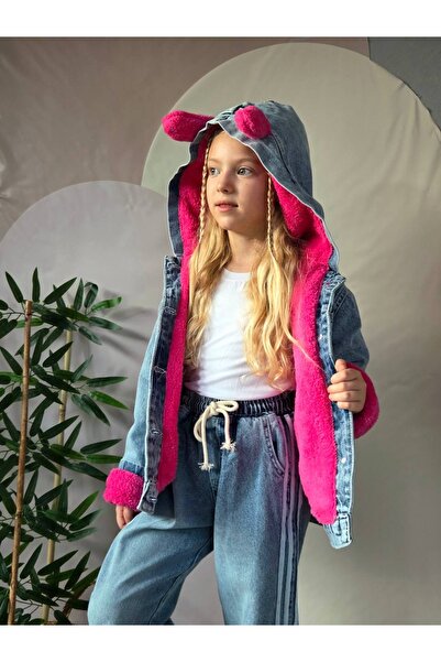 PAPİY KİDS Kız Çocuk Kapüşonlu İçi Peluşlu Kot Mont Pantolon Takım – Pembe Pe...