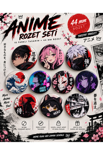 Tasarım Kawaii Anime Rozet Seti 10'lu 44 mm İğneli Rozet Anime Japon Karakter...