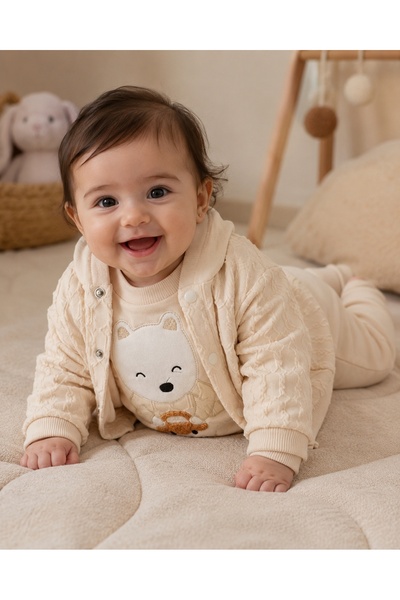 Ayıcık Desenli 3 Parça Bebek Takımı Kapüşonlu Hırka Uzun Kollu Body Pantolon Bej