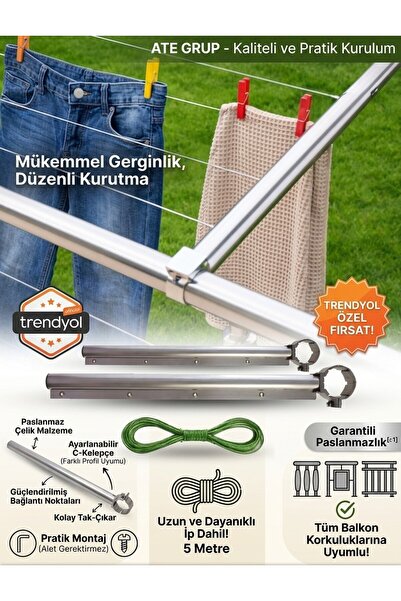 ATE GRUP Paslanmaz Metal Balkon Küpeşte Çamaşır Kurutmalık Askısı - 45 cm Bal...