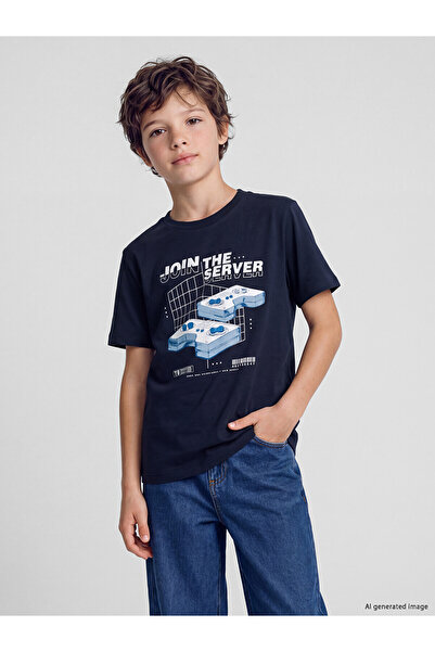 LC Waikiki Two Mt Shop Quality Lcw Kids Navy Blue Oval Collar Printed Boys' T...