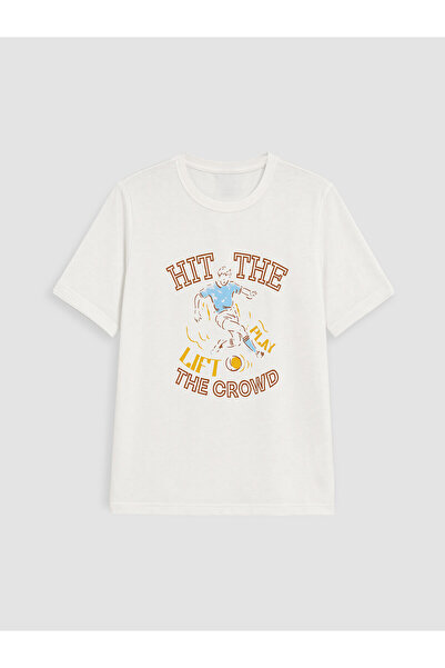LC Waikiki Two Mt Shop Quality Ecru Oval Collar Printed Boys' T-Shirt