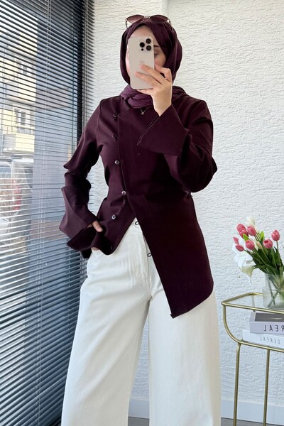 MELEK ARAZ Premium Side Buttoned Back Tie Blouse - Purple